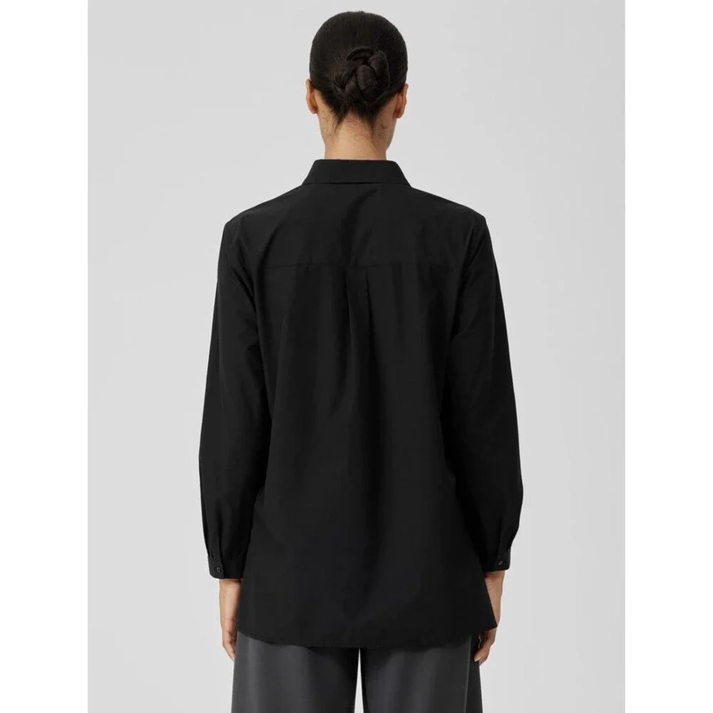 Eileen Fisher Washed Organic Cotton Poplin Tunic Button Down Black Shirt Large
